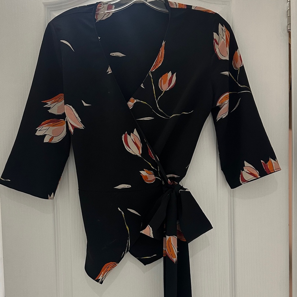 Zara Black Wrap Blouse with Floral Accents